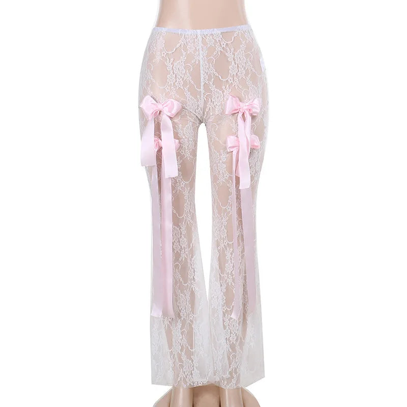 nvxiot - Bow Splice Sheer Lace Flare Pants Women Sexy See Through High Waist Slim Boot Cut Trousers Hot Girls Clubwear Party Bottoms