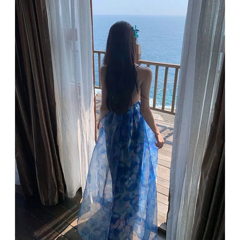 MQTIME - Floral Halter Dress Female Summer Dress Beach Holiday Beach Dress Fairy Dress Vibe Dress Casual Style Beach Dress