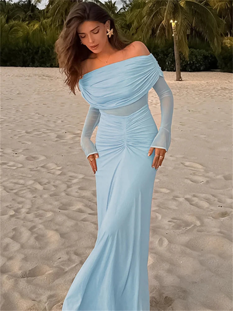 nvxiot - Pleated Mesh Off-Shoulder Maxi Dress Female See-Through Patchwork High Waist Fashion Gown Dress Women's Solid Long Dress