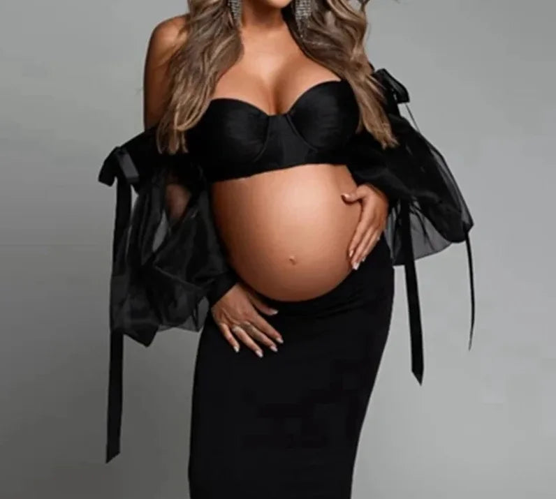 nvxiot - Sexy Black Tulle Pregnant Women Tops For Photography Charm Sweetheart Puff Sleeves Maternity Mini Mesh Female Blouse