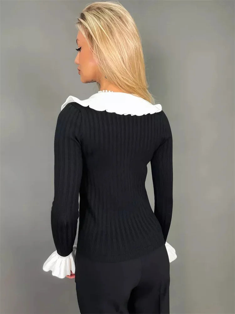 nvxiot - Ruffled Knit Cardigan Sweater For Women V-Neck Contrast Pocket Patchwork Slim Elegant Cropped Top Female Knitwear Cardigan