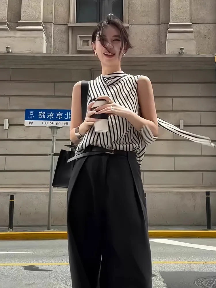 MQTIME - Black White Stripe Tank Tops for Women Sleeveless Bow Lace Up Collar Crop Top Office Lady Elegant Chic Clothing Summer