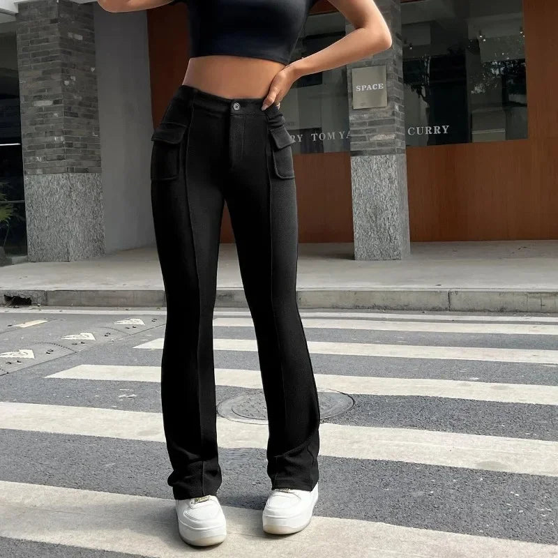 nvxiot - 2024 New Women's Gothic Wear Instagram Street Pocket Slim Fit Solid Color Elastic Micro Flap Pants Casual Y2k Women Pants YSQ23