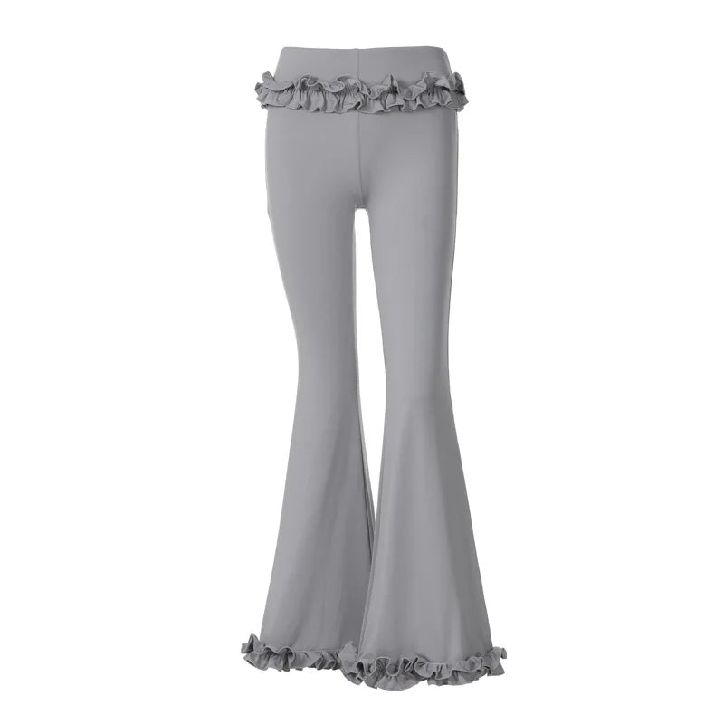 nvxiot - Women Ruffles Slim Flare Pants Elastic Waist Fashion All Match Boot Cut Trousers Summer Casual Streetwear Bottoms