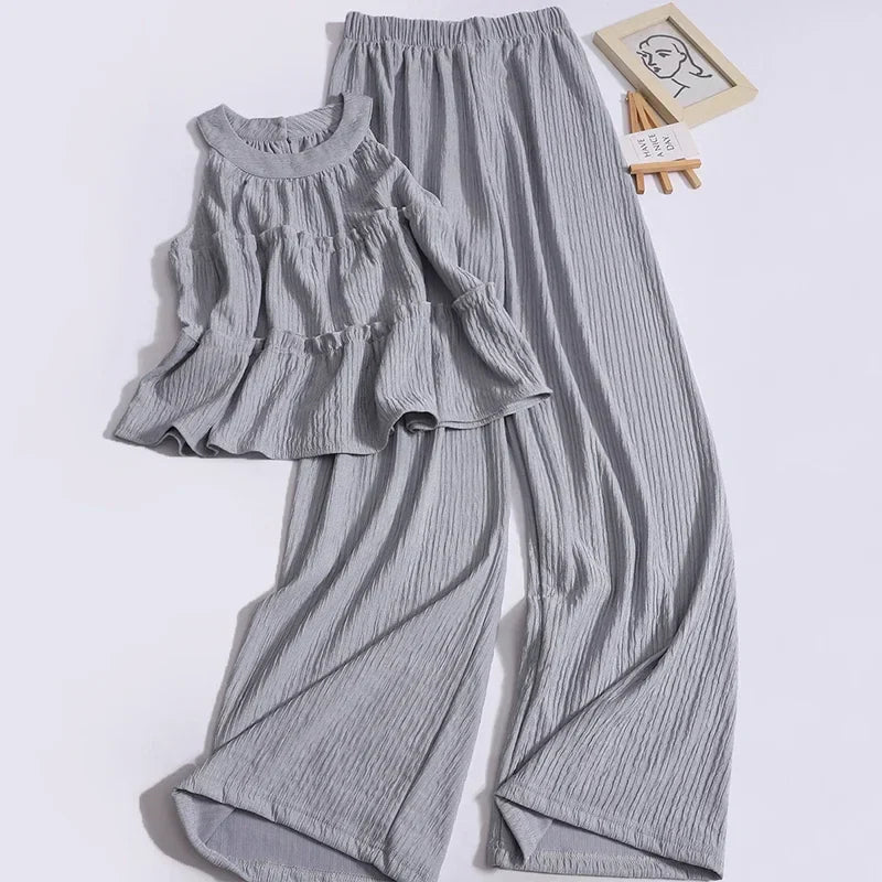 nvxiot - Summer New Sweet Ruffles O Neck Sleeveless Tops High Waist Loose Casual Straight Pants Fashion Two-piece Set for Women Outfits