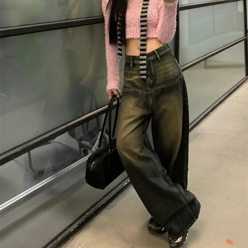 nvxiot Korean Retro Distressed Bleached Y2K Casual Jeans Women Autumn New High Waist Loose All Match Washed Denim Wide Leg Pants