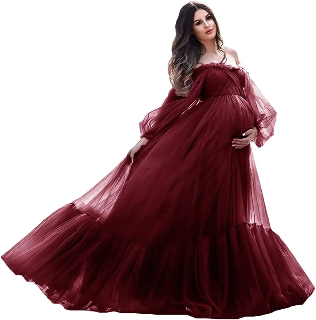 nvxiot - Puffy Sleeve Maternity Dress Tulle Robe With Underskirt for Photoshoot Off Shoulder Pregnancy Baby Shower Gown