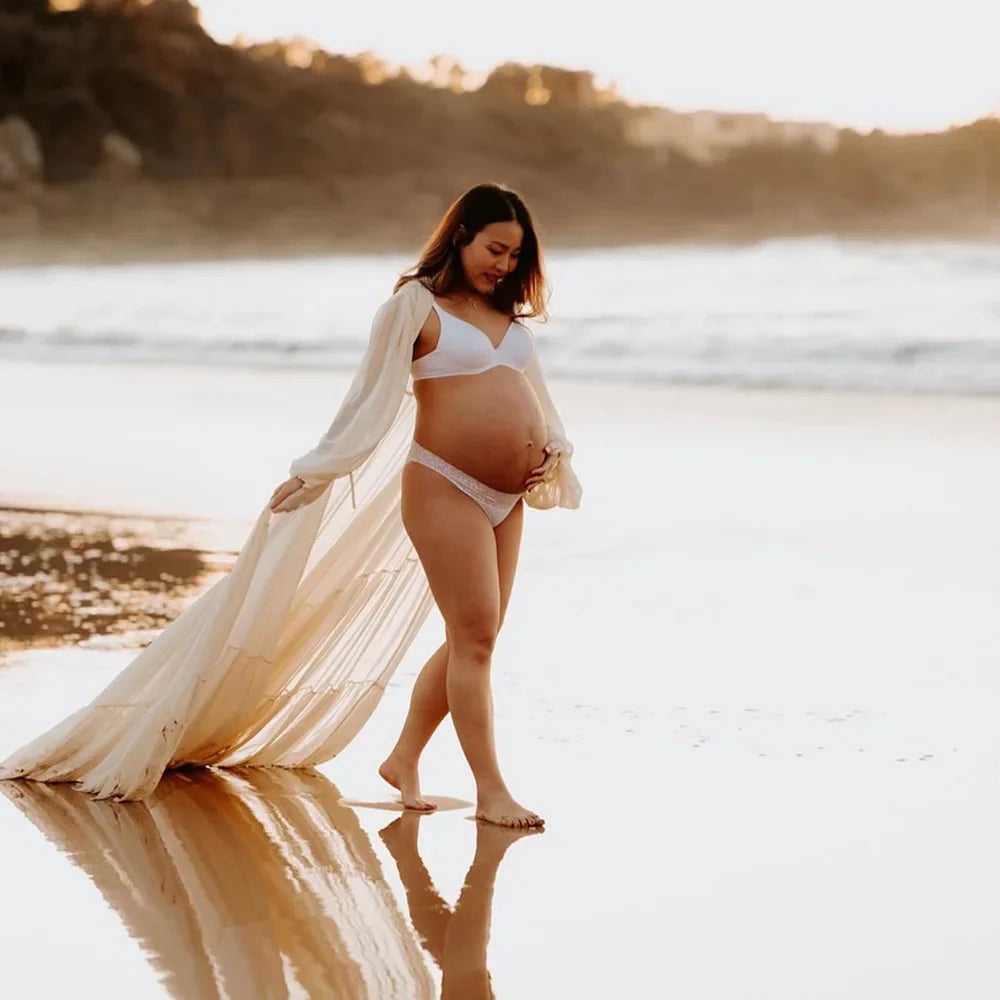 nvxiot - Photography Dress For Women Sexy Transparent Beige Chiffon Beach Robe Maternity Gown For Photo Shoot Boho Style Boho Style Dress