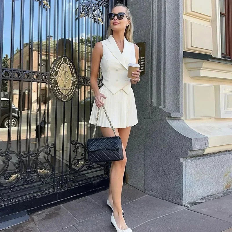MQTIME - Pleated Skirt Suit Women Lapel Double-breasted Slim Top Vest Mini Skirts 2024 Summer Elegant Female Office Lady 2 Piece Set