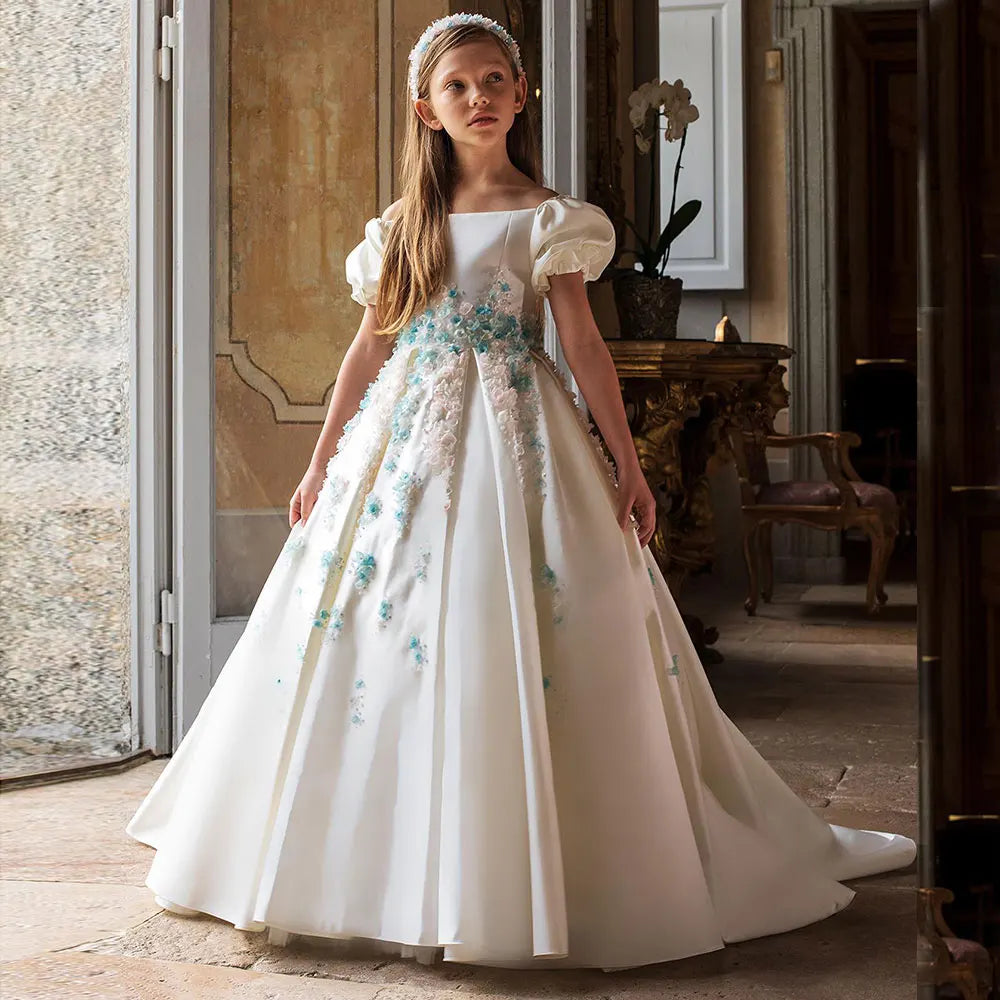 MQTIME - Luxury White Girl Dress 3D Flowers Satin Princess Dubai Kids Wedding Birthday Communion Party Elegant Gown 2024 J295