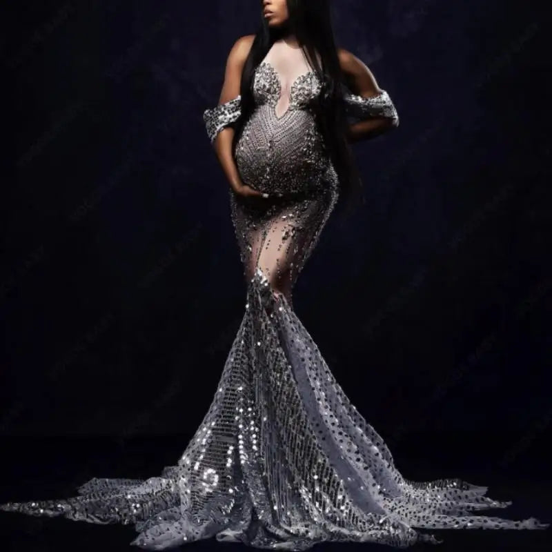 nvxiot - Sequin Maternity Photography Dress Glittering Rhinestones Dress Maternity Baby Shower Robe Pregnant Wedding Dress Photo Shoot