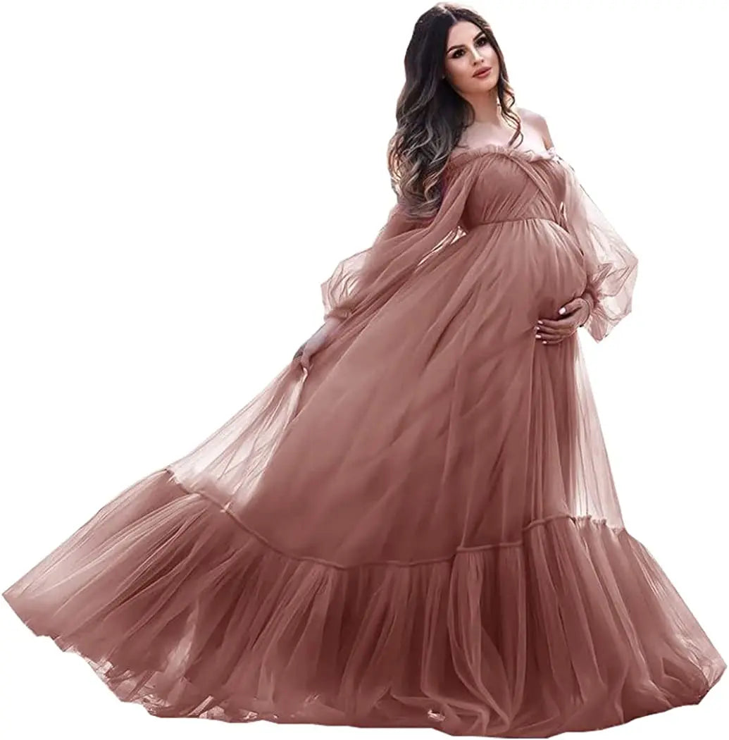 nvxiot - Puffy Sleeve Maternity Dress Tulle Robe With Underskirt for Photoshoot Off Shoulder Pregnancy Baby Shower Gown