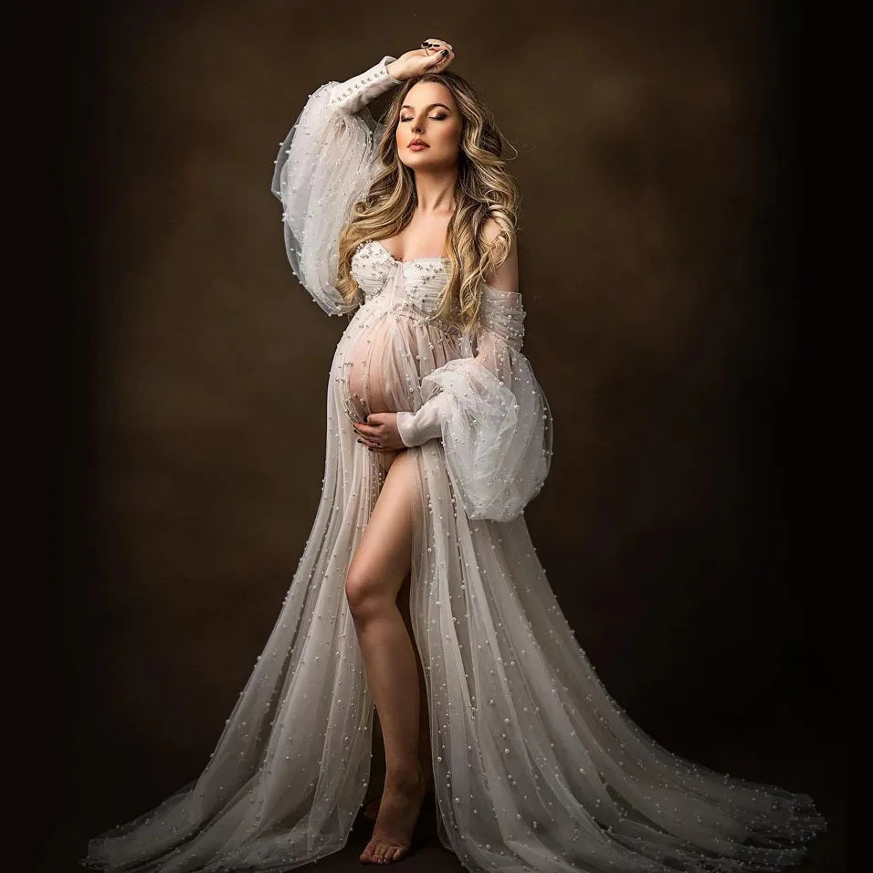 nvxiot Elegant Maternity Photography Props Dress Pearls Tulle Bridal Gown Maternity Dresses for Photoshoot Off Shoulder Babyshower Gown