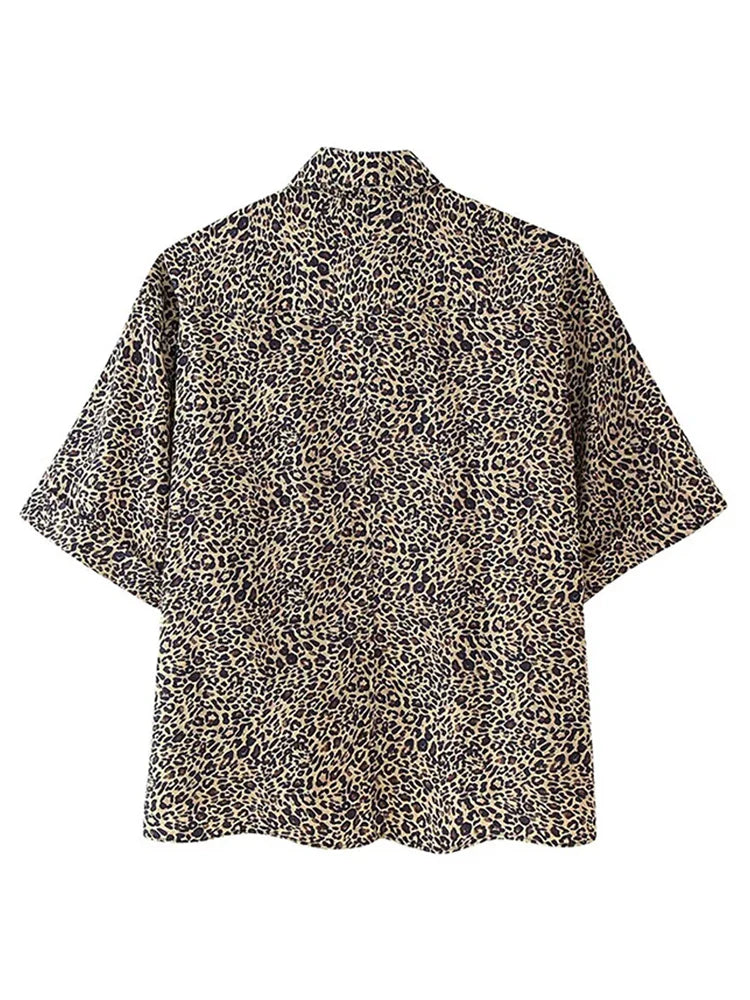 MQTIME - Leopard Print Shirts Shorts Sets Women 2024 Summer Single Breasted Lapel Short Sleeve Shirt Wide Leg Drawstring Shorts Outfits