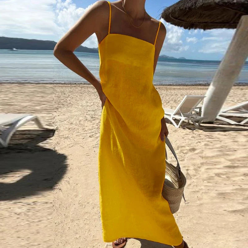 MQTIME - Summer Solid Color Cotton Linen Long Dress Fashion Slash Neck Holiday Beach Sling Dress Casual Sleeveless Simple A-line Dresses