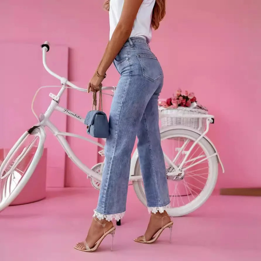 nvxiot - Europe and The United States in The Summer of 2024, The New High-waisted Slim Temperament Micro-pants and Lace Long Jeans