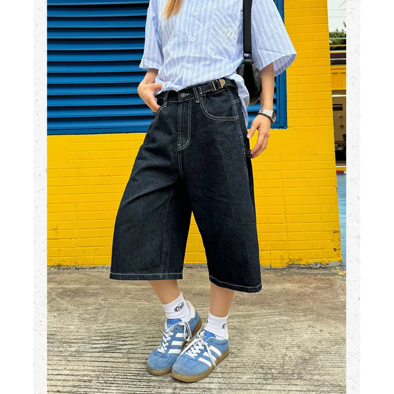 nvxiot - Women's Shorts Summer Dark Blue High Waist Jeans Y2K Straight Knee Length Pants Classic Streetwear Vintage Wide Leg Denim Shorts