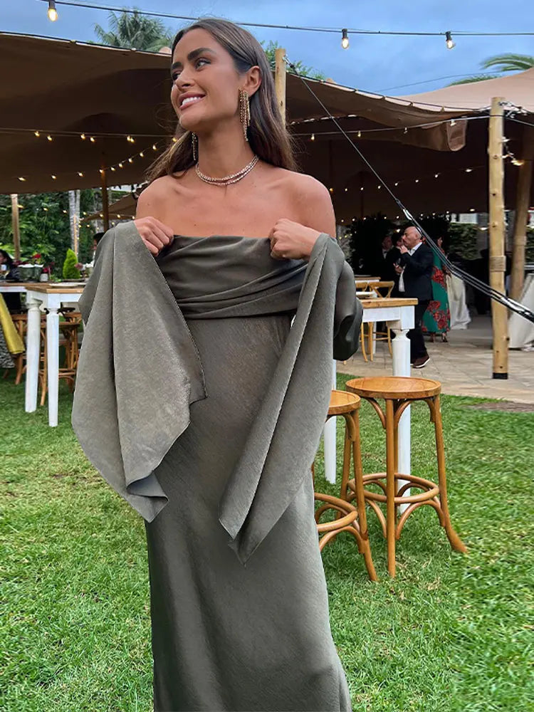nvxiot - Fashion Sexy Solid Off Shoulder Midi Dress For Women Elegant Chic Slash Neck Long Sleeve Dresses Female Evening Party Club Robes