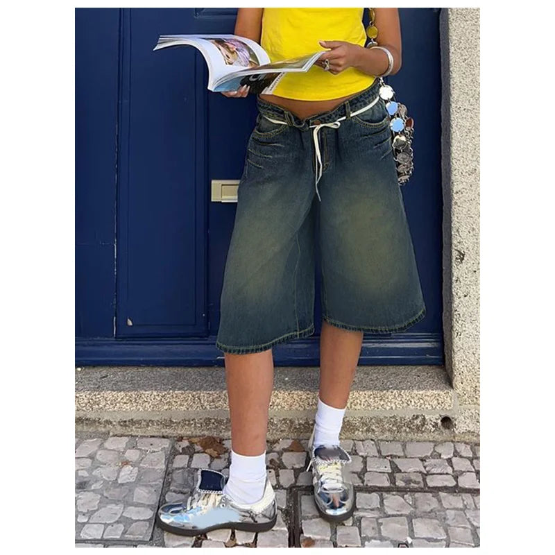 MQTIME - 2024 Women's Short Summer Blue High Waist Jeans Y2K Straight Knee Length Casual Pants Streetwear Vintage Wide Leg Denim Shorts