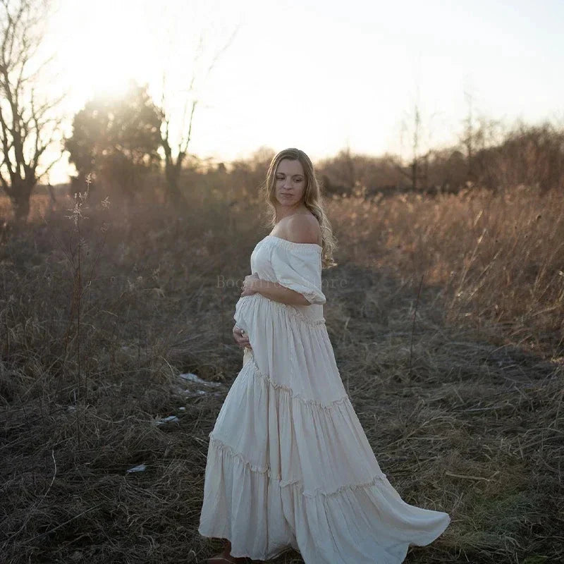 nvxiot - Bohemian Maternity Photo graphy Dress for Baby Shower Photoshoot Maternity Wear Straight shoulder Sweet Style