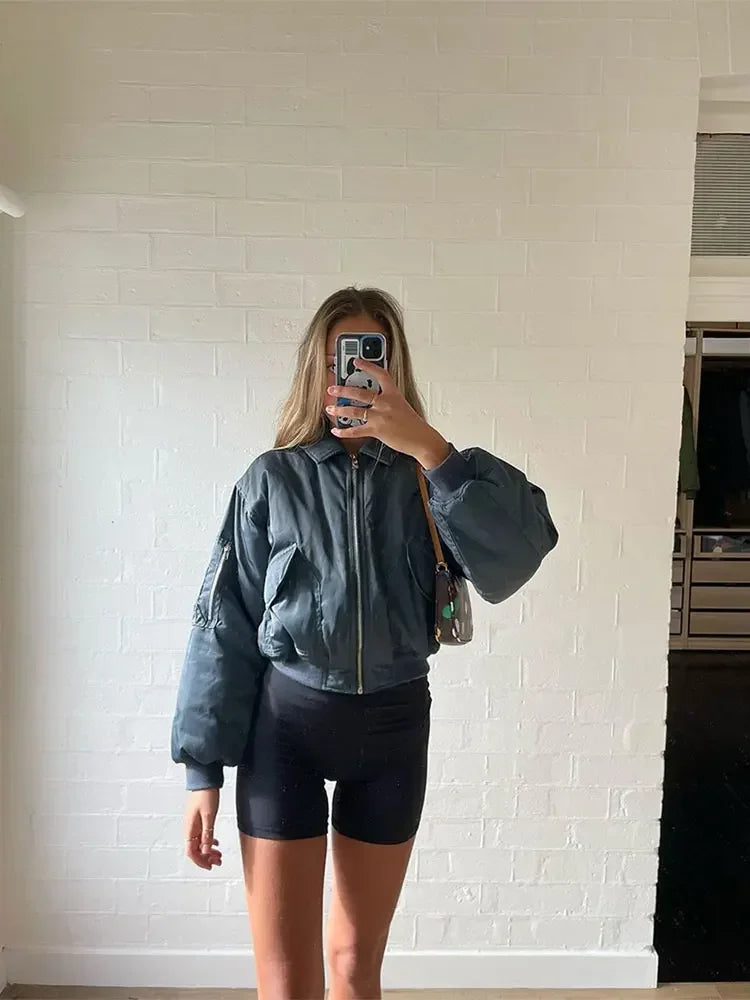MQTIME - Women Lapel Zipper Pocket Solid Bomber Jacket Fashion Casual Long Sleeves Padded Coat 2024 Autumn Winter Female Street Outwear