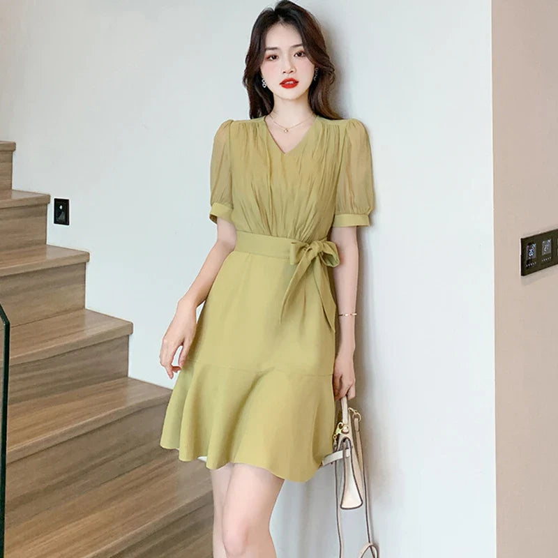 MQTIME - Summer Pink Short Sleeve V-Neck Mini Dress Women Green Elegant Chic Ruffled Mermaid Dress 2024 Solid Bodycon Party Evening Dress