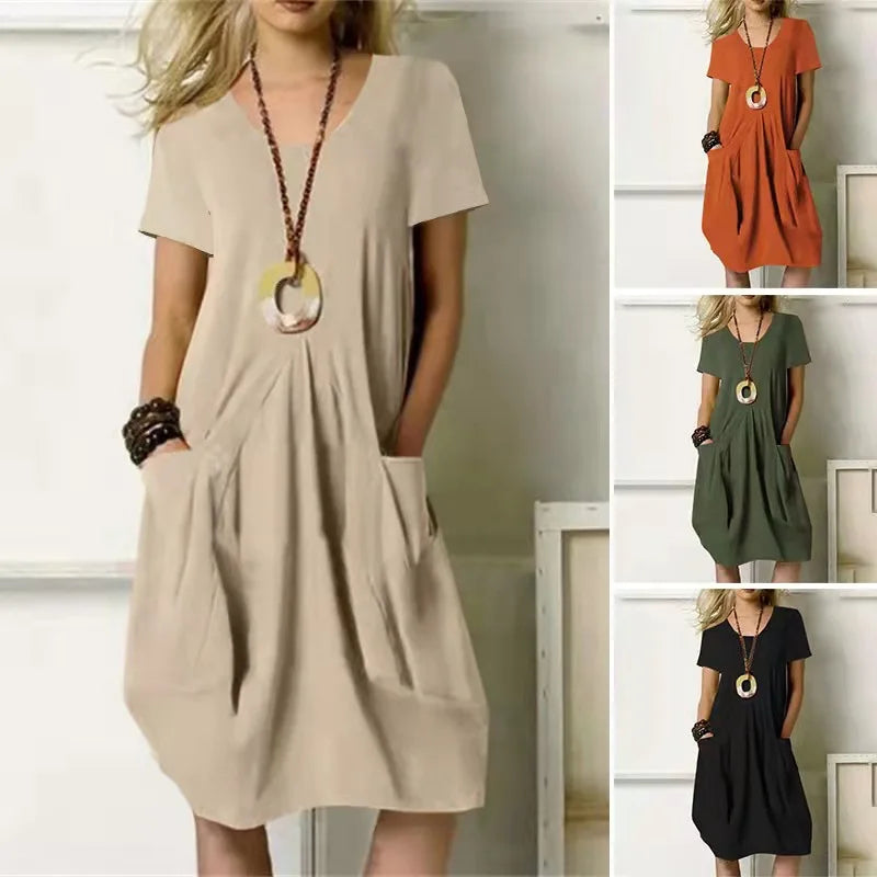 MQTIME - Summer New Cotton And Linen Solid Color Loose Round Neck Short-sleeved Dress Casual Style Long Dress