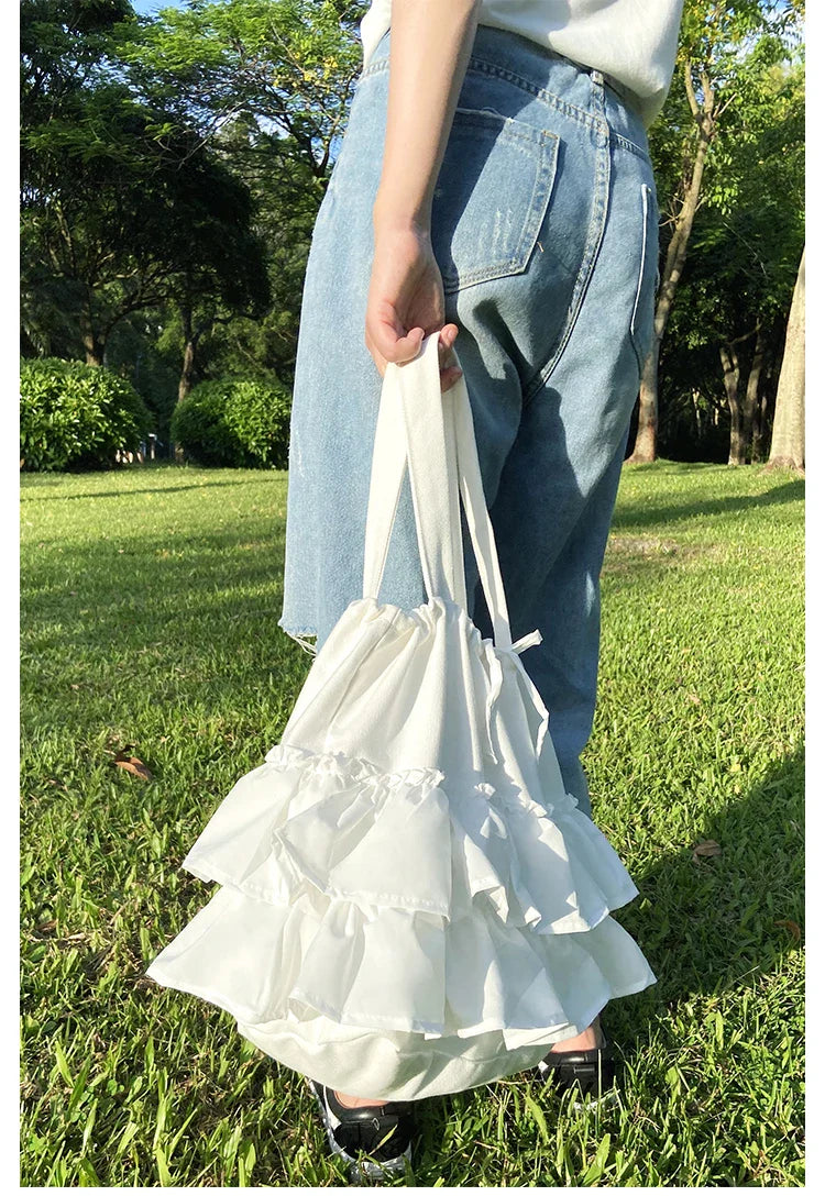 MQTIME - Ruffle White Y2k Handbag Women New Fairycore Drawstring Canvas Casual Shoulder Bag Ladies Harajuku Aesthetic Handbags