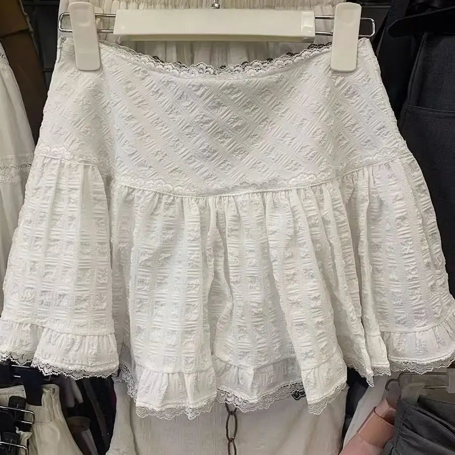MQTIME - Summer Korean Fashion High Waist Elegant Cake Fluffy White Skirt Sweet Girl Versatile Slim A-Line Lace Short Skirts for Women