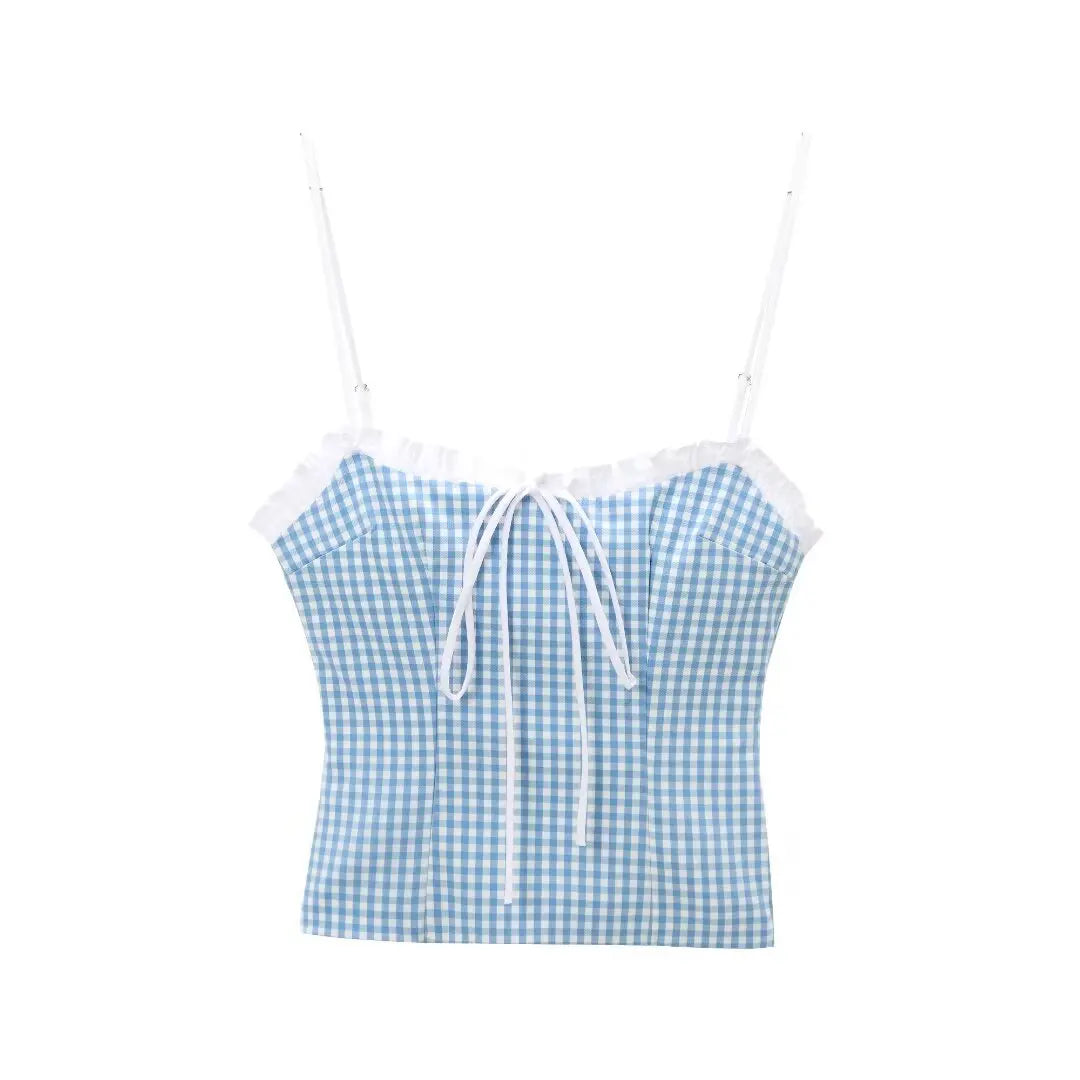 MQTIME - Woman's Fashion Sexy Slim Tank Top Blue Plaid Sleeveless Backless Bow Lace-Up Decorate Summer Short Tops Woman Trendy