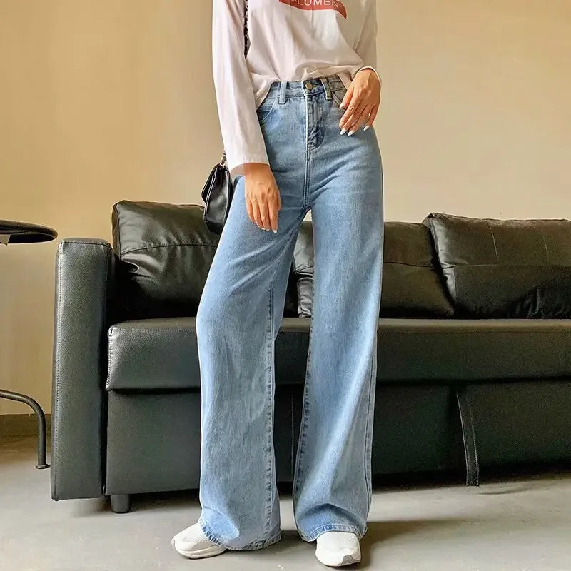 nvxiot - High Waist Solid Color Wide Leg Jeans Spring Autumn New Retro Style Women Street Style Classic Slim Pants Lady Straight Denim