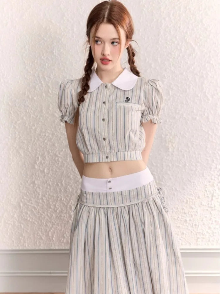 MQTIME - Stripe Turn-down Collar Blouse Preppy Style High Waisted Lace Up Long Skirts Korean Fashion 2 Piece Sets Womens Outfits