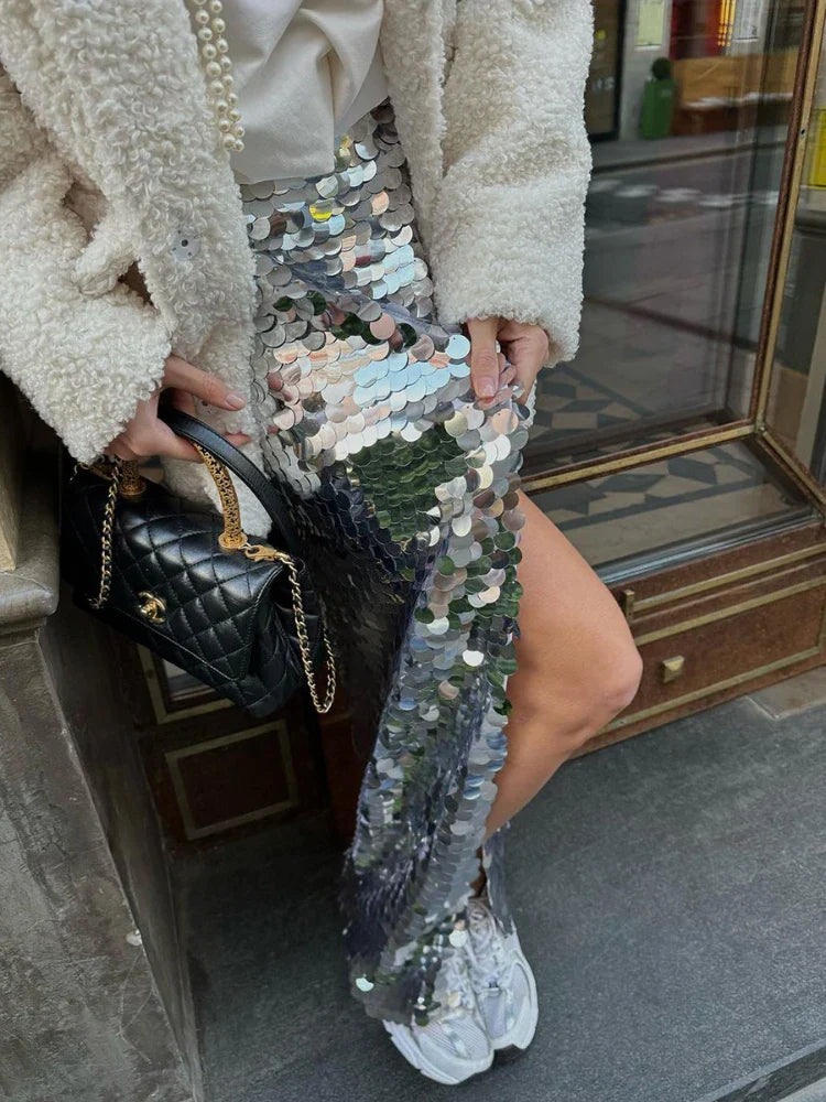 nvxiot - Party Shiny Sequined Skirt Hot Girls Fashion High Waist Slit Loose Long Skirts Femme Street Fashion Club Sexy Maxi Skirt