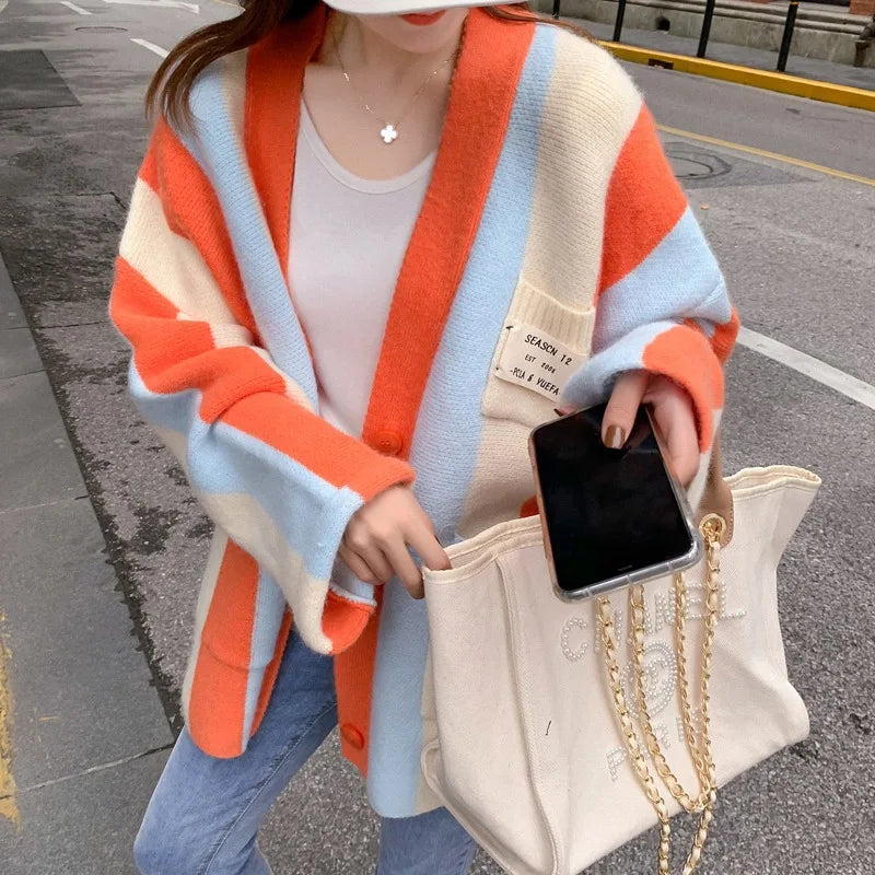 MQTIME - Korean Girls Sweaters Autumn Sweater Colorful Striped Cardigan Women's Single Breasted V-neck Knitwear Cozy Loose Cardigans
