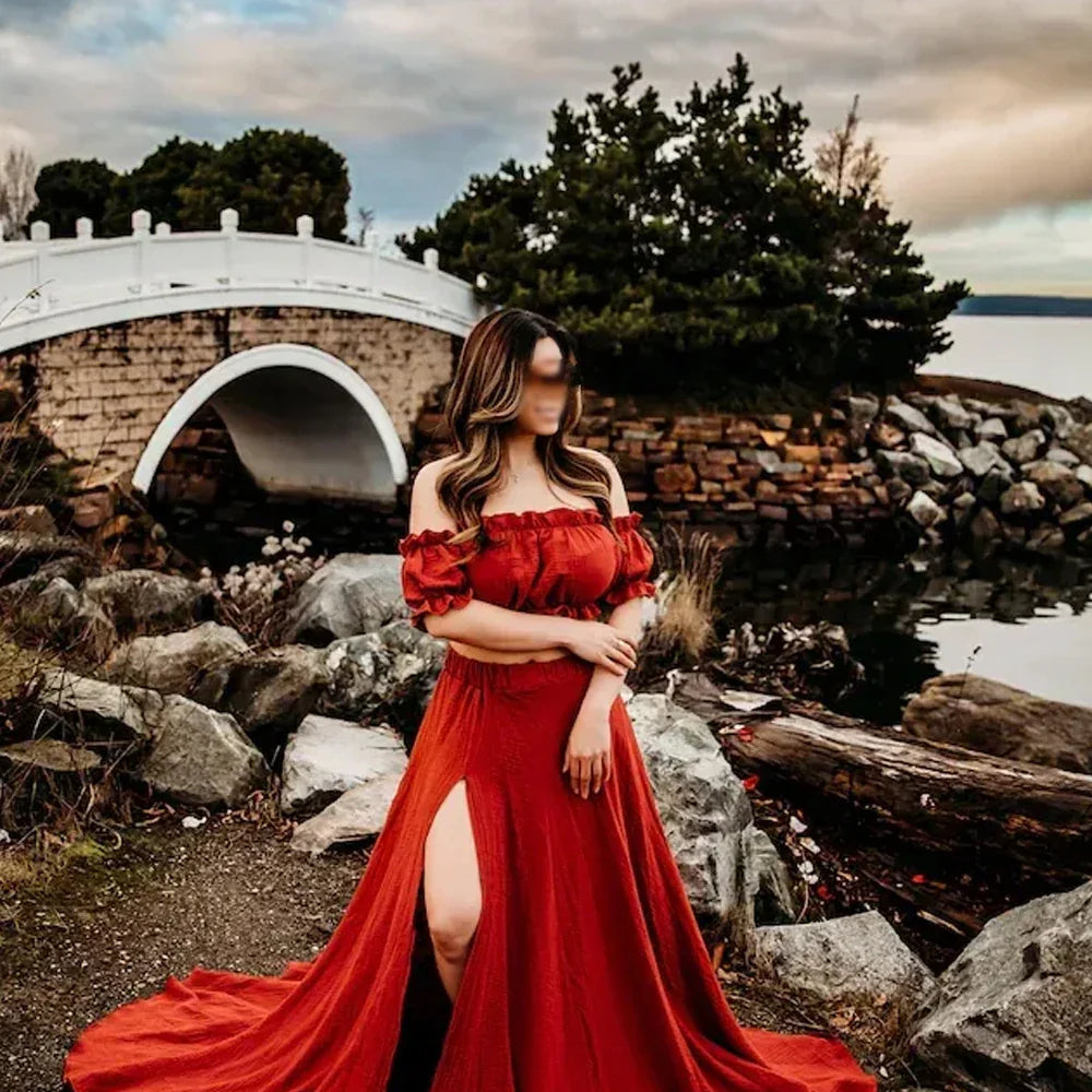 nvxiot - Boho Maternity Gown Comfort Linen Cotton Two Piece Photo Shoot Photography Dress For Women Boho Style Baby Shower Dress