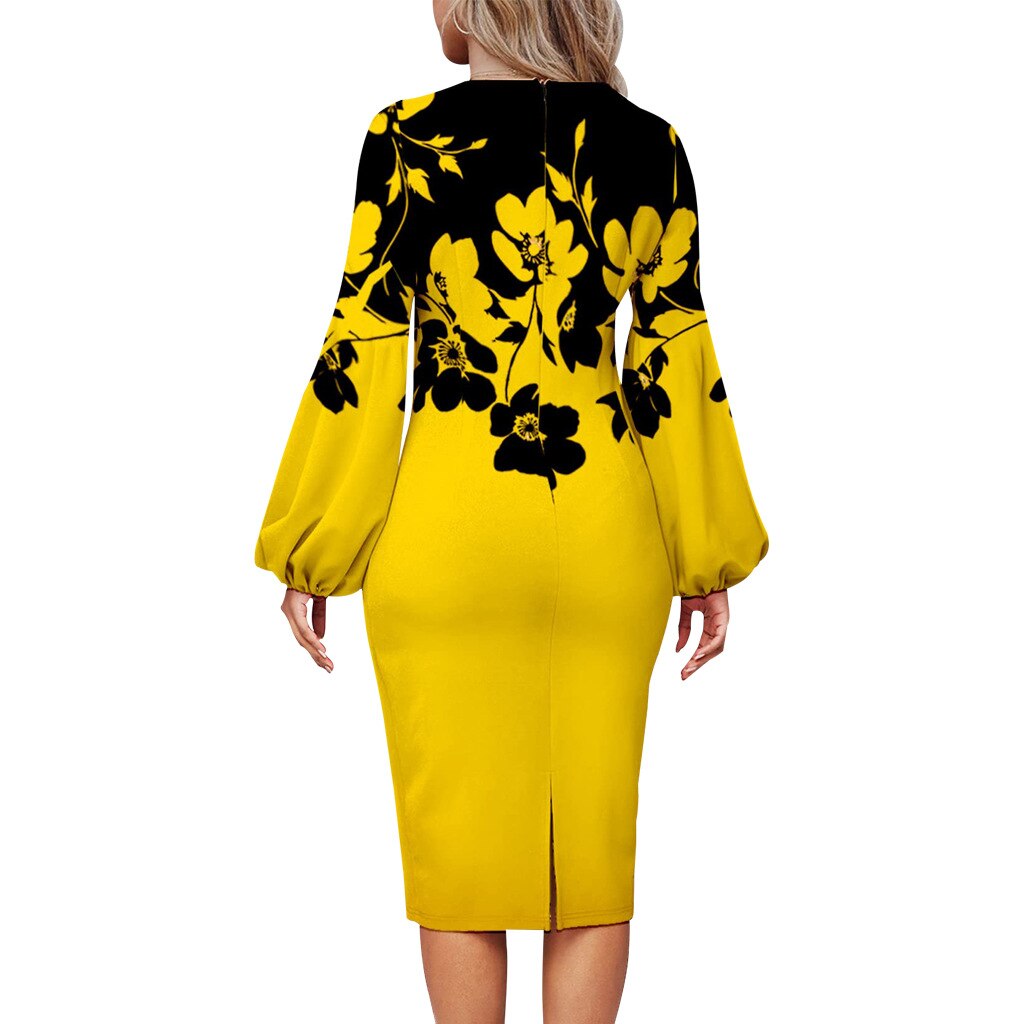 nvxiot Fashion Floral Print Dress Women Elegant O Neck Long Sleeve Party Robes Bodycon Lantern Sleeves African Printed Vestidos Autumn