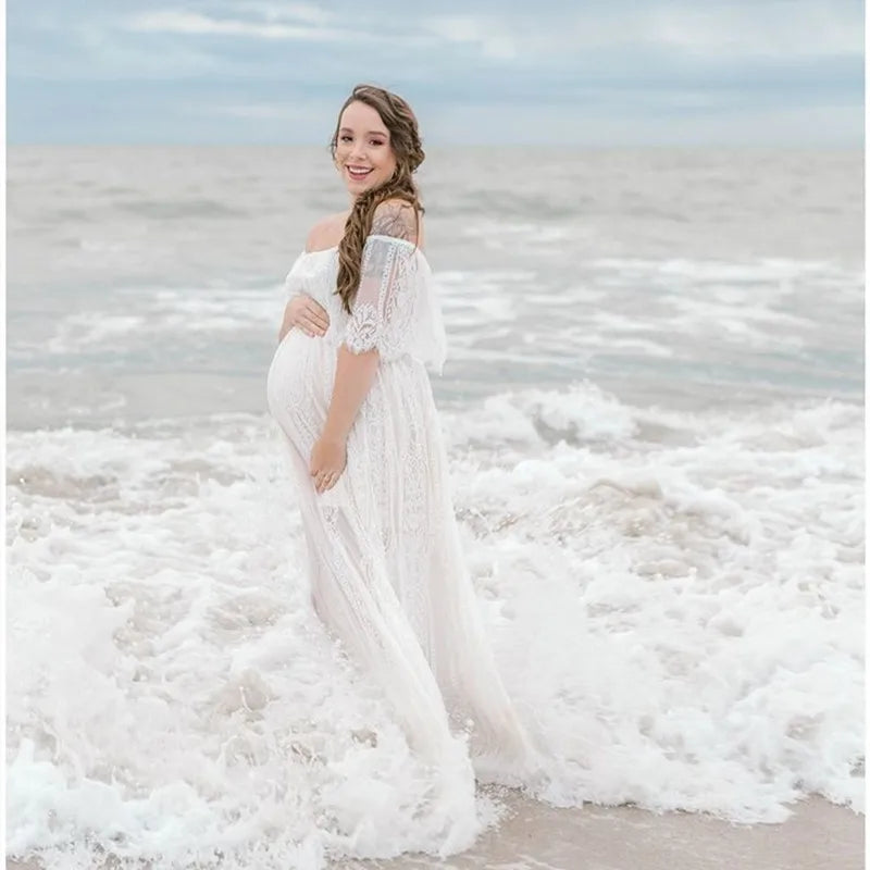 MQTIME - Bohemian Lace Maternity Maxi Dress for Gorgeous Pregnancy Photo Shoots Stunning Floor-Length Gown for Photography Dress