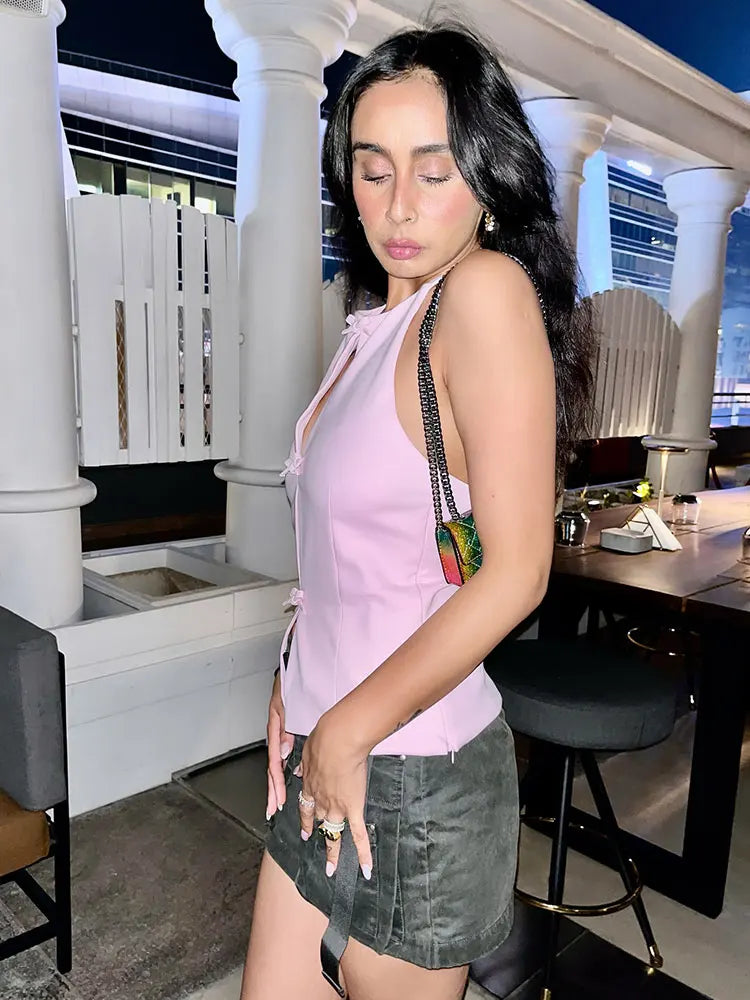 MQTIME - 2024 Summer Women's Gentle Bow-trimmed Vest Tops Halterneck Solid Off-shoulder Sleeveless O Neck Elegant Chic Tank Tops