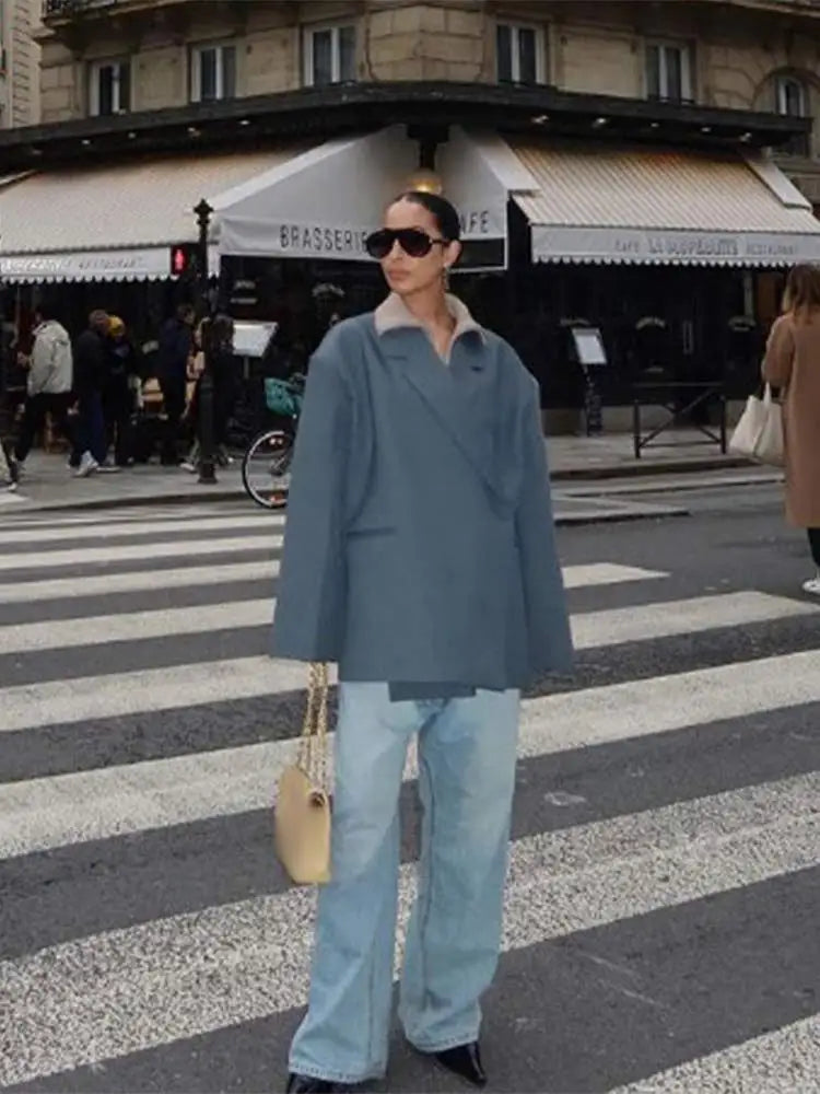 MQTIME - Chic Gray Lapel Button Suit Jacket For Women Elegant Loose Long Sleeves Office Coat 2024 New Female High Streetwear Outercoat