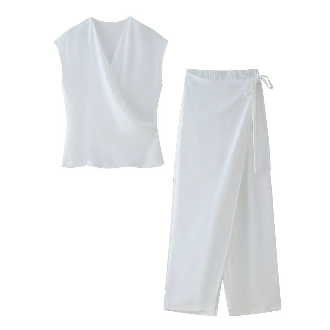 MQTIME - Summer Women's New Suits Solid V-Neck Sleeveless Off Shoulder Top+Side Bow Lace-Up Decoration Elastic Waist Pant Mujer