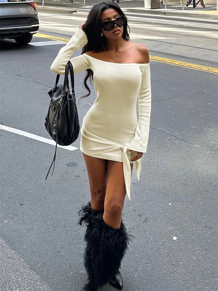 nvxiot - Fashion Bandage Off-Shoulder MIni Dress For Women Patchwork Lace-Up Backless Elegant Clothes Ladies 2024 Bodycon Dress