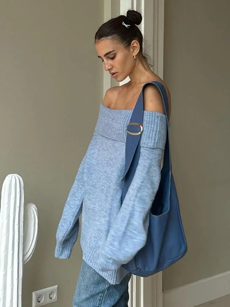 nvxiot Elegant Blue Women Casual Slash Neck Knit Jumper Autumn Chic Casual Long Sleeve Loose Pullover Sweater Lady Office Party Outwear