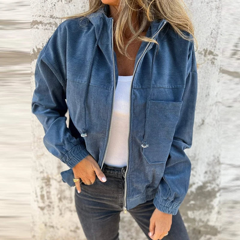 MQTIME - Casual Pocket Long Sleeved Commuter Outerwear New Simple Solid Color Corduroy Jacket Autumn Vintage Zipper Hooded Women's Coat