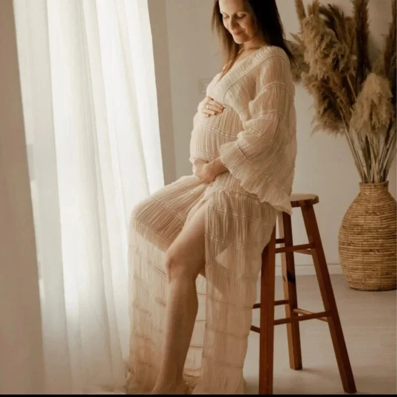 MQTIME - Pleat Mesh Boho Maternity Dress For Photography Props V-neck Sides Slit Bohemian Pregnancy Photo Shoot Dress