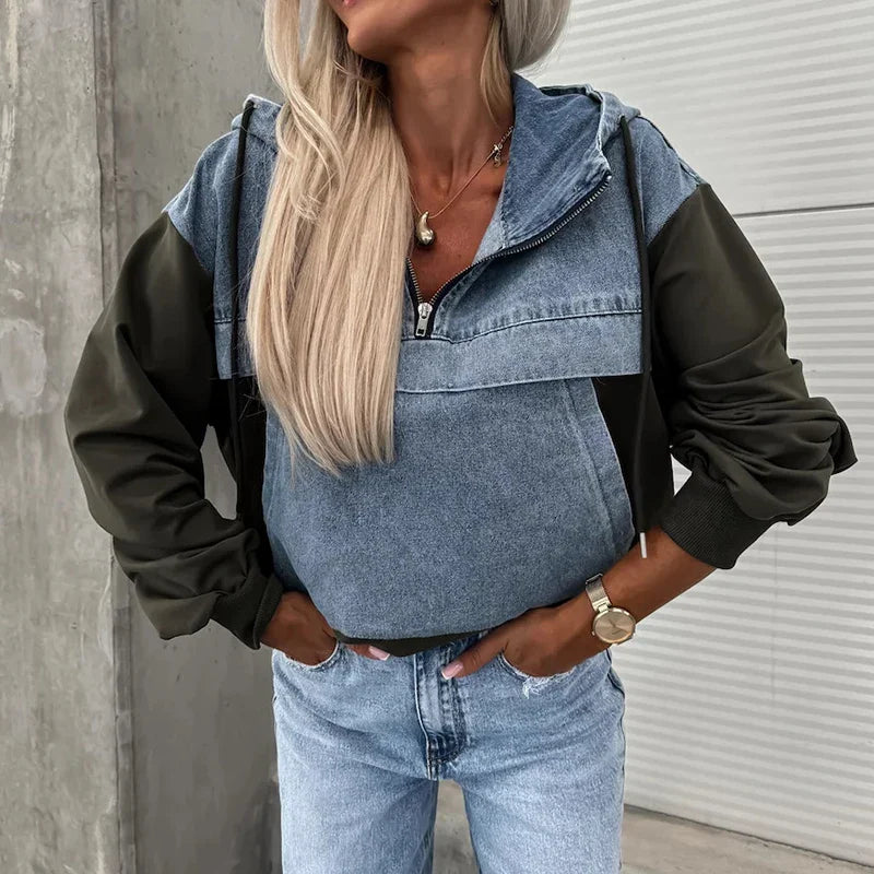 MQTIME - Casual Long Sleeve High Street Sweatshirts Autumn Women's Denim Patchwork Hooded Tops 2024 Fashion Zipper Pocket Loose Pullover