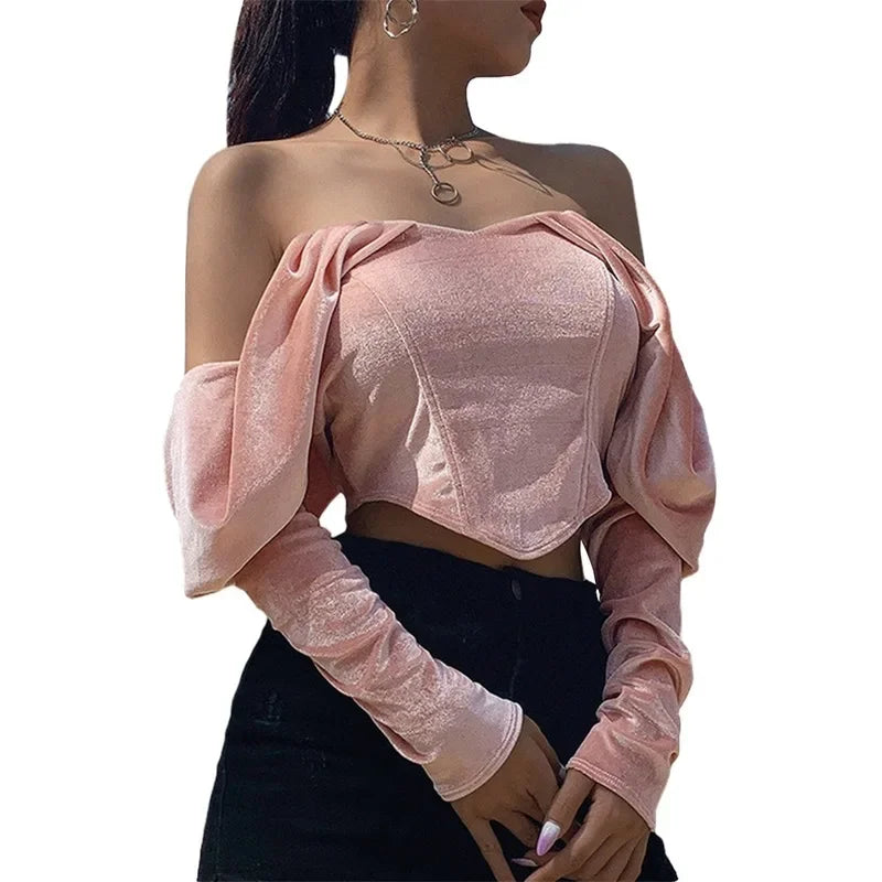 MQTIME - Pink Off Shoulder T-shirt Sexy Backless Tube Top Cropped Tops 2024 Fall Women Korean Y2k Indie Vacation Casual Party Clubwear