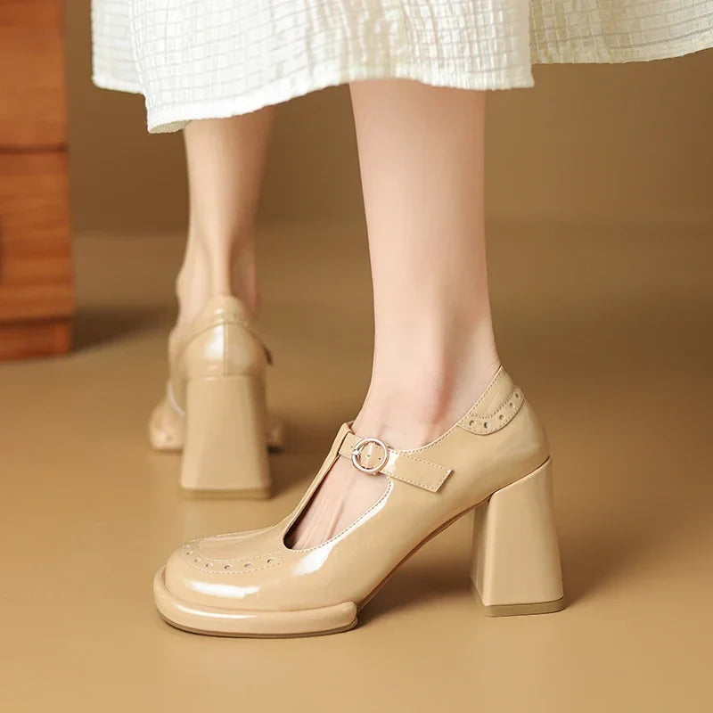 MQTIME - 2024 new spring summer women pumps natural leather 22-24.5cm cowhide+pigskin round toe T-shaped buckle hollow out brogue