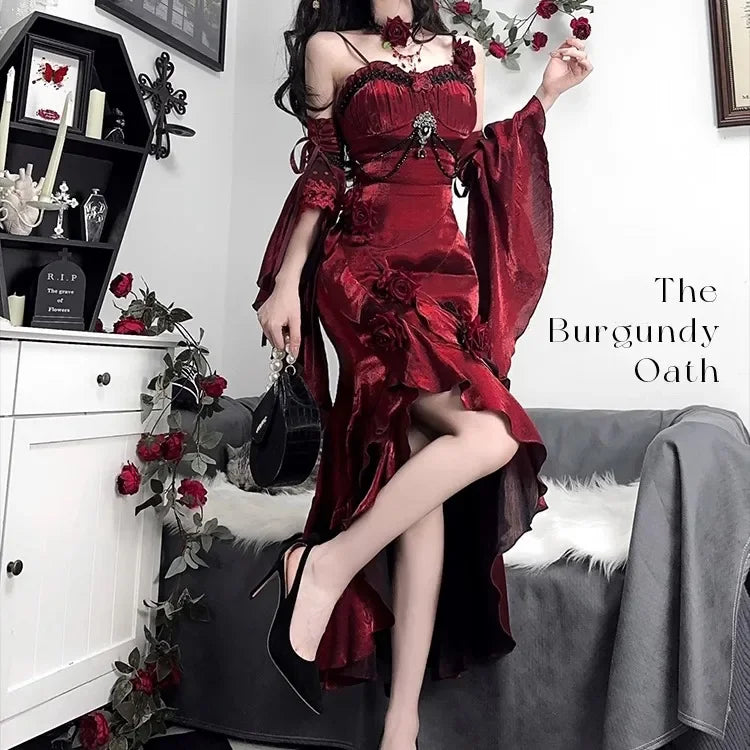 nvxiot - long Dresses Burgundy Oath Skirt Hot Design Dress Rose Dress Fishtail Cos Sexy Girls Dress Red Skirt Green Dress