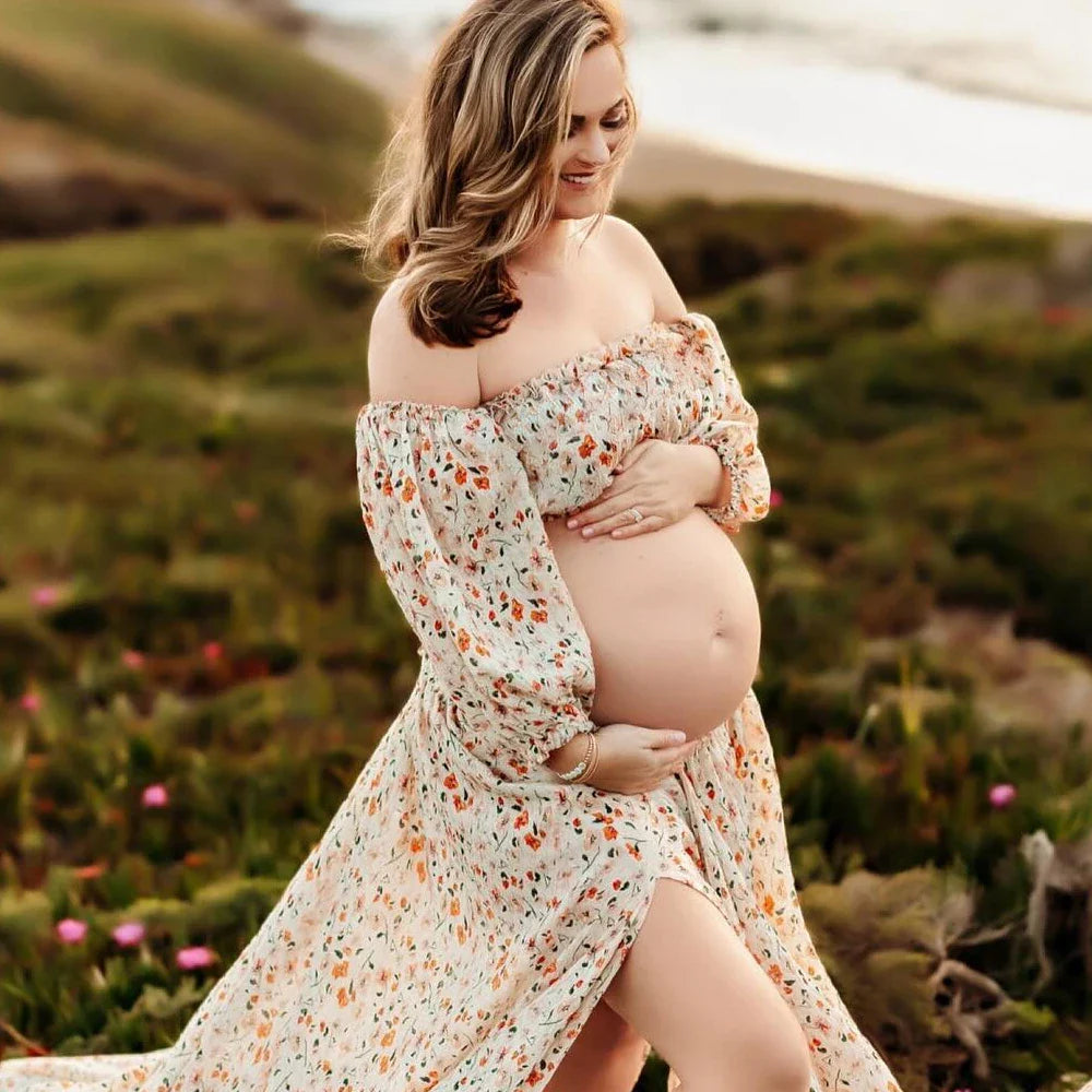 nvxiot - Photoshoot Dress For Women Floral chiffon Two-Piece Long Sleeved&Short Sleeved Short Top Maternity Dresses For Baby Showers