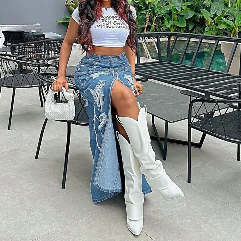nvxiot - Tassel Hole Denim Maxi Skirts Women High Waist Button Fly Split Ripped Long Jeans Skirt Fashion Casual Streetwear Bottoms
